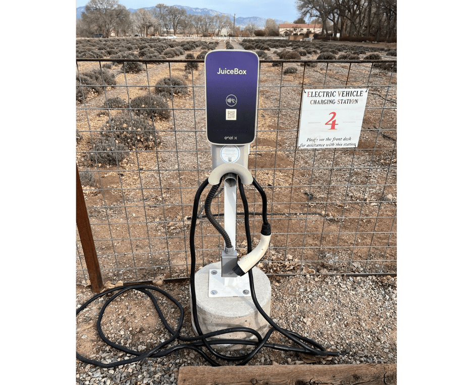 photo of enel x juice box ev charger in front of Los Poblanos.